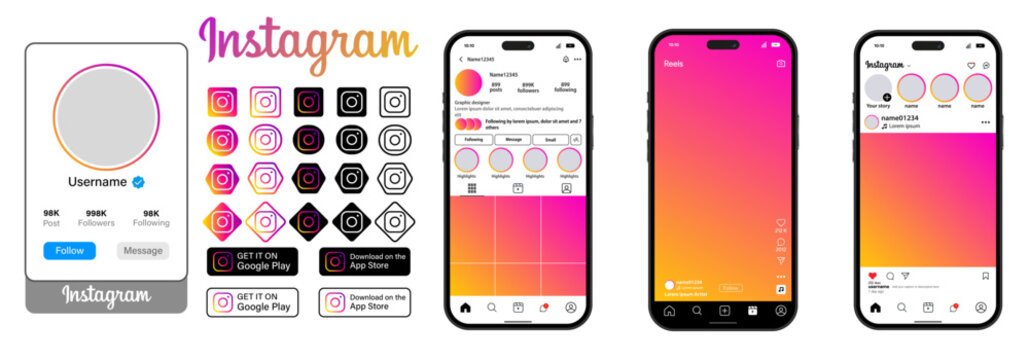 instagram mockup A comprehensive vector illustration showcasing multiple smartphone screens, profile mockups, and gradient icons related to a popular photo and video sharing 