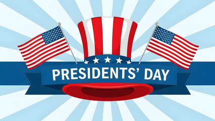 Presidents Day banner with American flags and hat president day 2026 America