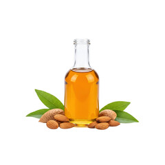 Almond oil bottle with nuts and leaves