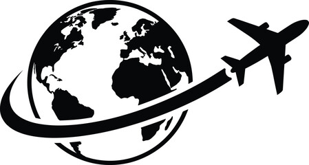 Global travel icon, black silhouette style, airplane around globe, flight path, international tourism, logistics, connectivity, world map © Sopon Creatives