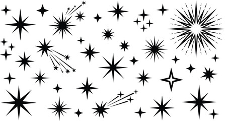 Star sparkle icon set, black silhouette style, celestial shapes, shooting stars, festive decoration, twinkle, cosmic, space embellishment © Sopon Creatives