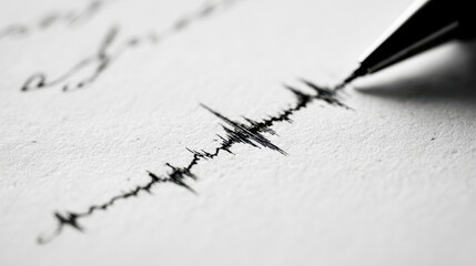 Black ink pen drawing an abstract jagged soundwave pattern with detailed peaks and valleys on textured white paper in monochrome close-up photography