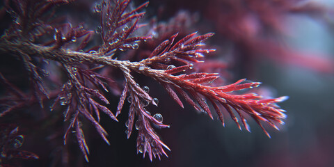 Macro close-up of a vibrant red coniferous branch covered in fresh water droplets against a dark moody background. The detailed nature shot highlights the burgundy tones of the needles