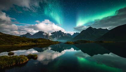 A breathtaking night scene features vibrant green aurora borealis dancing above calm waters, reflecting the mountain range