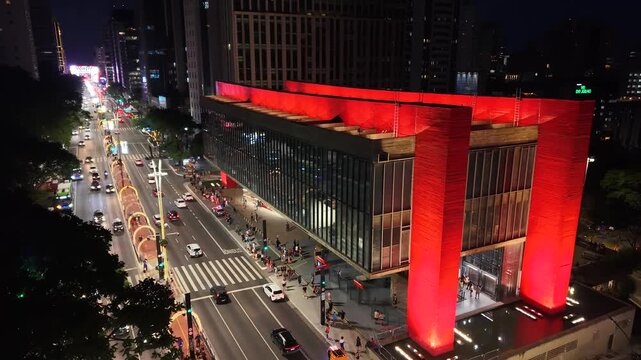 Aerial view of MASP (Museum of Modern Art) at Paulista Avenue by night, S&atilde;o Paulo, Brazil