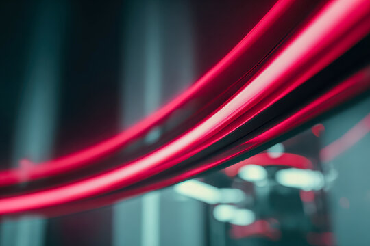 Vibrant glowing curved red neon light tubes creating a futuristic and dynamic atmosphere with blurred reflections in a modern dark setting - Powered by Adobe