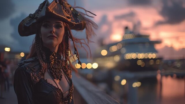A woman in a pirate costume with a feathered hat stands by a harbor at sunset, with a large ship in the blurred background.