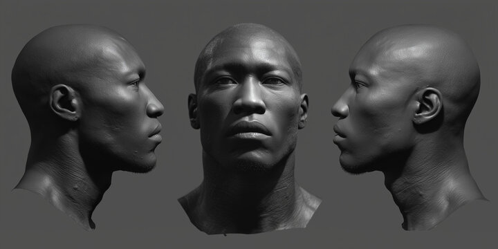 Hyper-realistic 3D character head sculpt of a Black man shown from three different angles. This digital model is presented in a monochromatic dark grey matte finish, displaying detailed facial anatomy