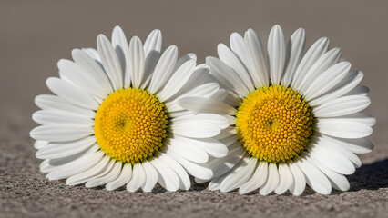 Obraz premium Two white daisies with yellow centers on a gray background
