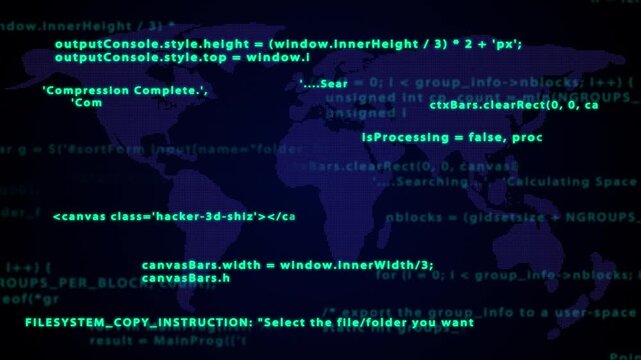 Green digital code scrolling on world map background technology animation