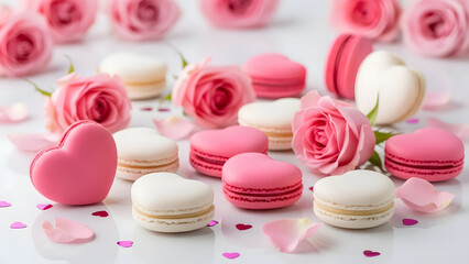 Obraz premium Pink and white macarons with roses on a white background for valentine's day