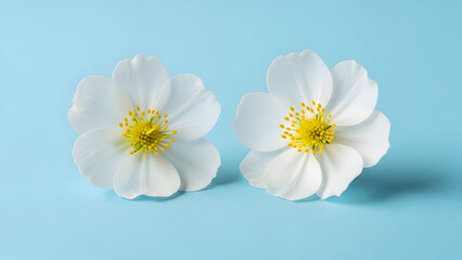 Obraz premium Two white flowers with yellow centers on light blue background