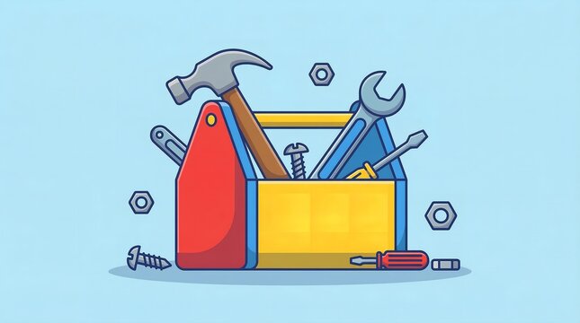 A colorful illustration of a toolbox filled with various tools and hardware