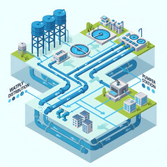 Obraz premium Modern water treatment plant infrastructure with pipes and pumps