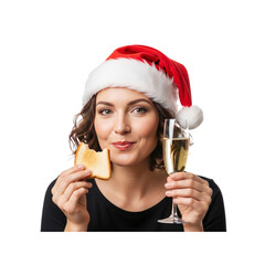 Woman in Santa hat eating toast drinking champagne