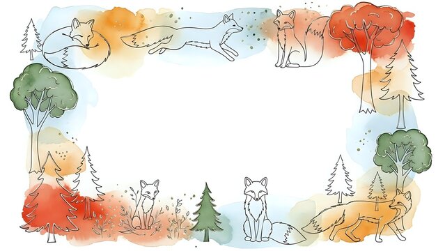 Watercolor forest animals frame with foxes, wolves and trees creating decorative border for nature-themed designs and seasonal projects.