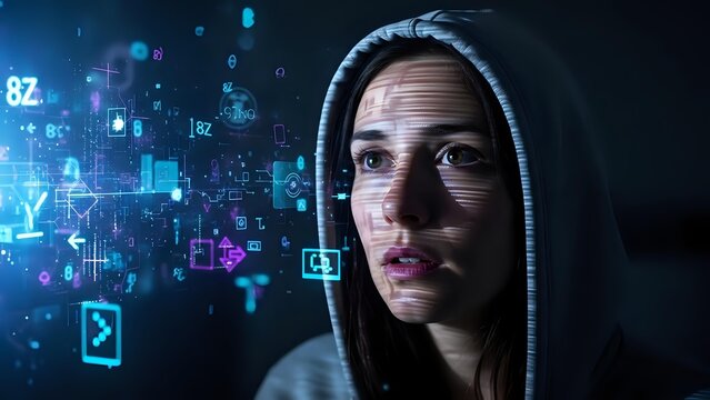 Young woman hacker in hoodie surrounded by digital data visualization and cyber security elements on dark background for technology concepts. - Powered by Adobe