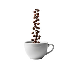 Coffee beans falling into white coffee cup