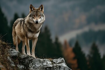 Fototapeta premium Gray wolf standing on rocky cliff overlooking forest valley in natural mountain habitat during golden hour light for wildlife photography and nature content.