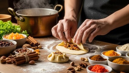 Hands making a savory pastry.