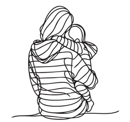 abstract sketch fashion mother and child hugs behind in black striped hoodie