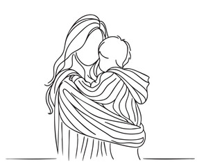 abstract sketch fashion mother and child hugs behind in black striped hoodie