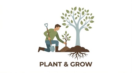 A man is planting a small tree next to a larger tree with exposed roots.