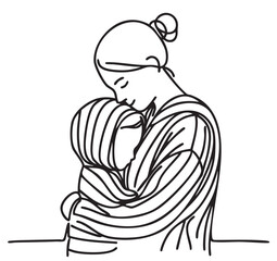 abstract sketch fashion mother and child hugs behind in black striped hoodie