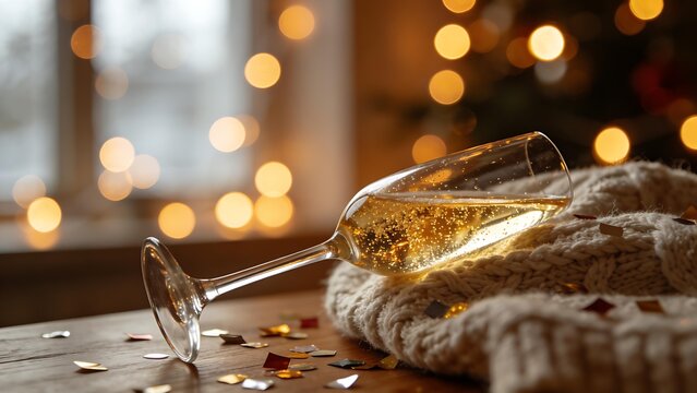 dcf. A champagne flute with golden bubbles on a wooden table beside a cozy blanket and festive confetti. bar promotions, beverage menus, designed for food & beverage menus and cafe branding.