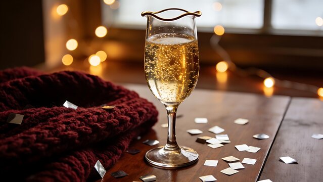 dcf. A champagne flute with golden bubbles on a wooden table beside a cozy blanket and festive confetti. bar promotions, beverage menus, designed for food & beverage menus and cafe branding.