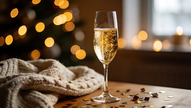 dcf. A champagne flute with golden bubbles on a wooden table beside a cozy blanket and festive confetti. bar promotions, beverage menus, designed for food & beverage menus and cafe branding.