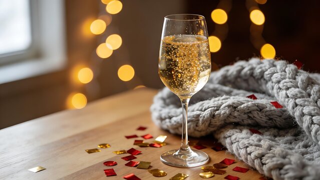 dcf. A champagne flute with golden bubbles on a wooden table beside a cozy blanket and festive confetti. bar promotions, beverage menus, designed for food & beverage menus and cafe branding.