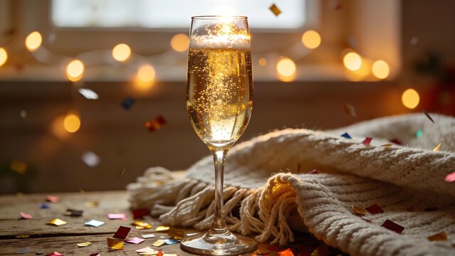 dcf. A champagne flute with golden bubbles on a wooden table beside a cozy blanket and festive confetti. bar promotions, beverage menus, designed for food & beverage menus and cafe branding.