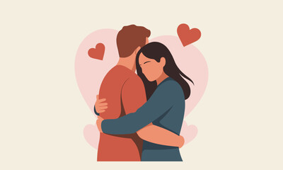 Romantic Hug Day Couple Embracing with Heart Background