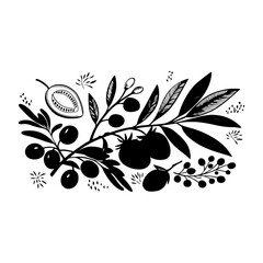 Minimalist black and white botanical branches with fruits and berries in artistic ink brush style