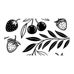 Minimalist black and white botanical pattern featuring fruits and berries in charcoal ink brush style