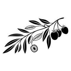 Minimalist black and white botanical seamless pattern with olive branches and berries in ink brush