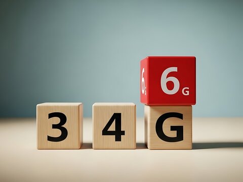 New generation 6G network technology concept with wooden blocks showing the progression from older mobile standards - Powered by Adobe