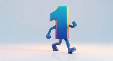 Walking number one 3d character illustration