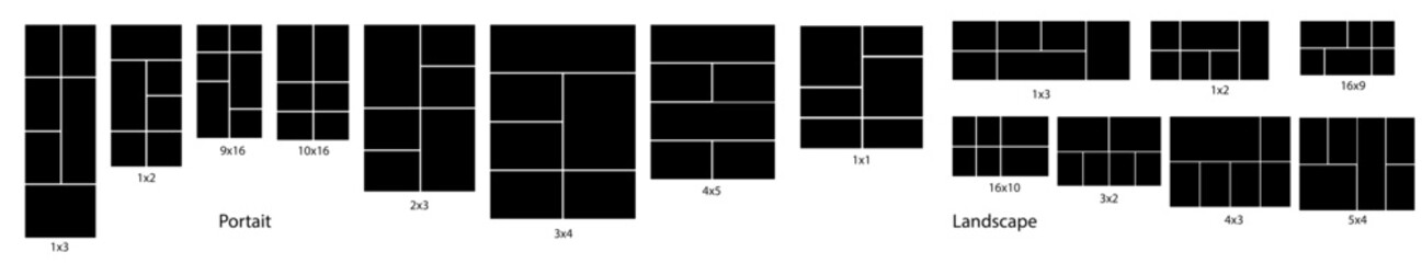 6 photo collage portrait and landscape mockup. Image collage layout template set. Photo album or memory wall idea for banner, poster, mockup, flyer, brochure. Vector illustration