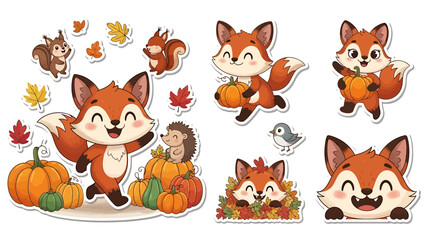 Obraz premium Charming cartoon foxes enjoying the vibrant autumn season, surrounded by pumpkins, playful squirrels, and colorful fall leaves in this delightful illustration set