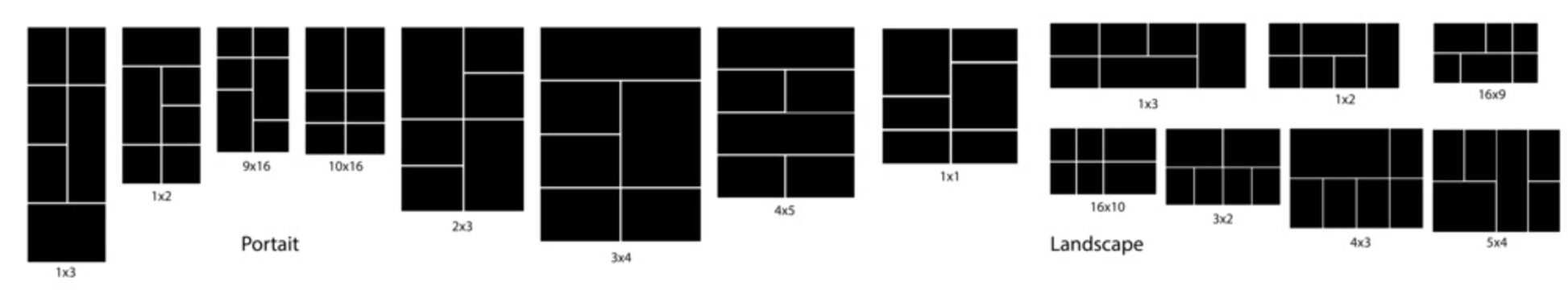 6 photo collage portrait and landscape mockup. Image collage layout template set. Photo album or memory wall idea for banner, poster, mockup, flyer, brochure. Vector illustration