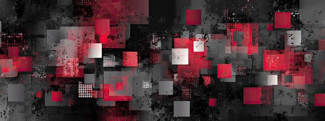 Abstract composition with scattered squares in red, white and grey on a dark, textured background