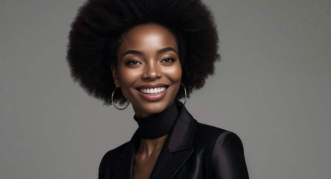 black modern happy on luxury editorial studio background african woman portrait fashion style concept photoshoot for banner