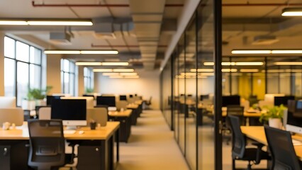 Modern open plan office interior with desks computers and large windows blurred for use as corporate workplace background