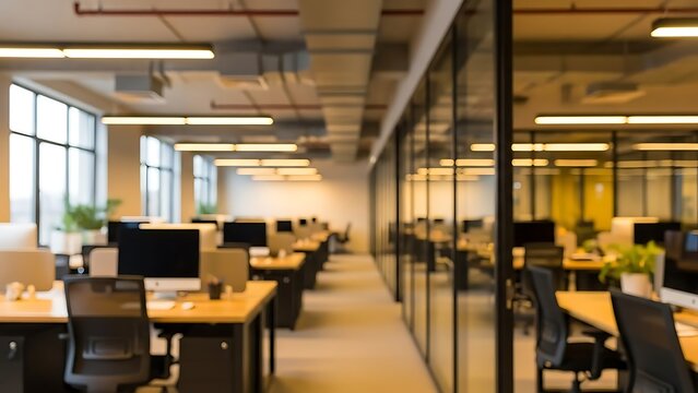 Modern open plan office interior with desks computers and large windows blurred for use as corporate workplace background - Powered by Adobe