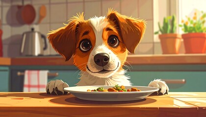 A cute, animated dog with brown and white fur, sits at a kitchen counter with a plate of food, looking directly at the viewer with an eager expression