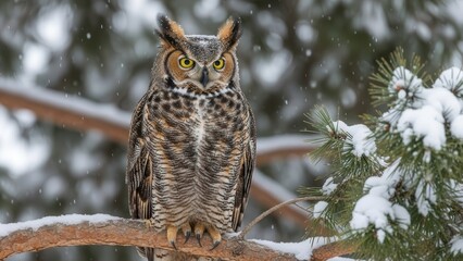 Owl perched on snowy branch.