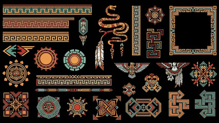 Collection of Native American inspired geometric patterns and symbols featuring tribal art and ethnic motifs