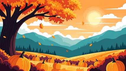 Autumn landscape illustration with pumpkin patch, orange trees, and mountains under a warm sunset sky, fall season farm field background.